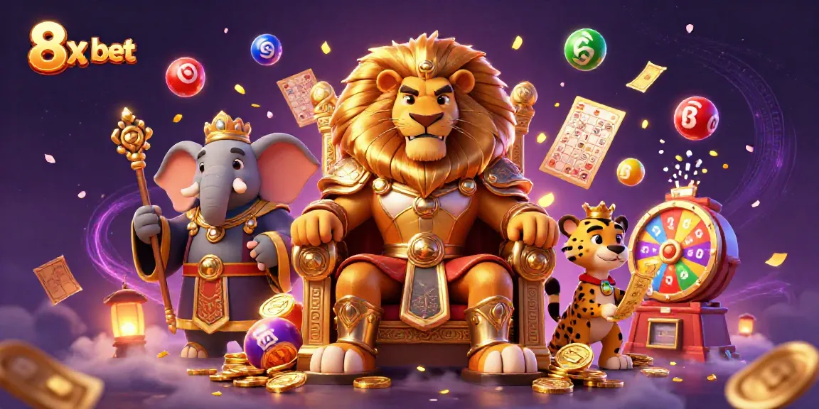 Engage with 8x bet in this vibrant casino scene featuring a lion king, elephant advisor, and cheetah messenger.
