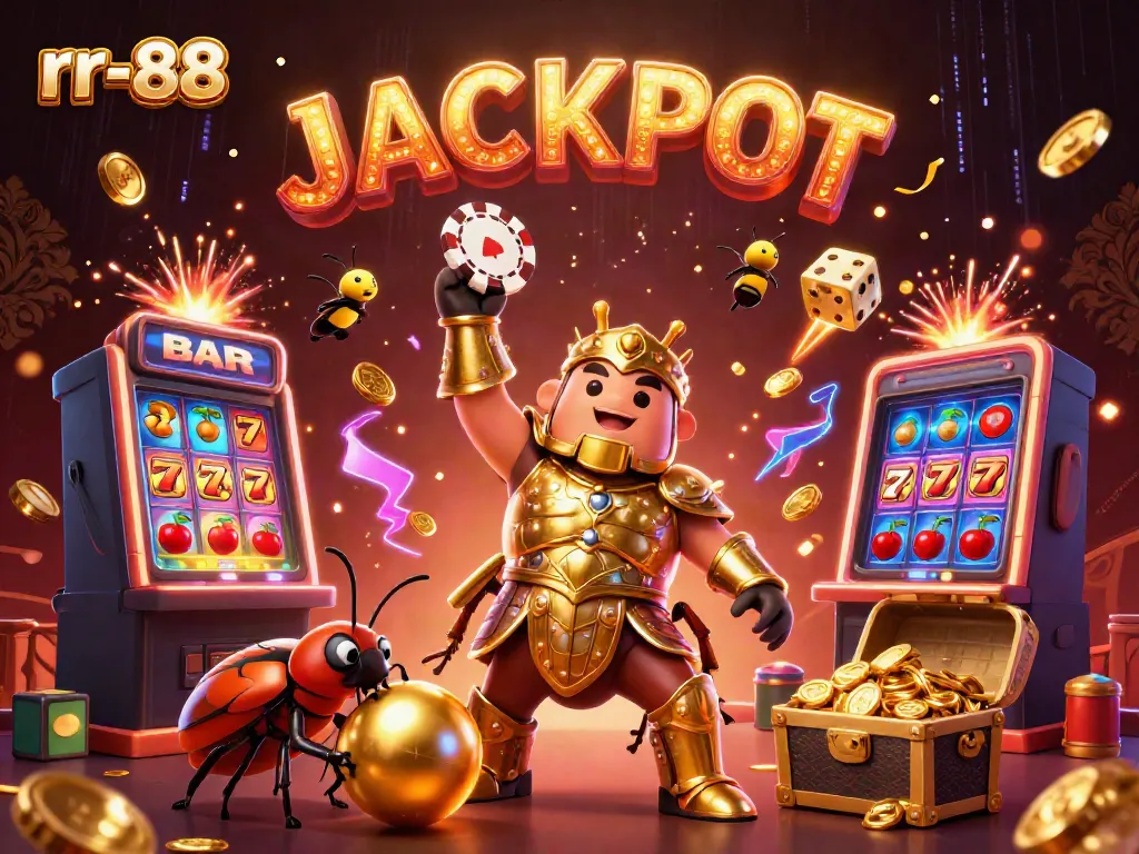 Engage with rr-88's vibrant jackpot scene featuring a hercules beetle celebrating amidst glowing casino elements.