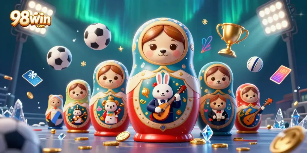 Dynamic 3D scene showcasing bears and a rabbit celebrating 98win com with casino elements.