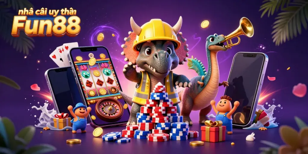 Experience excitement at Nhà cái uy tín Fun88 with vibrant casino elements and cheerful characters.