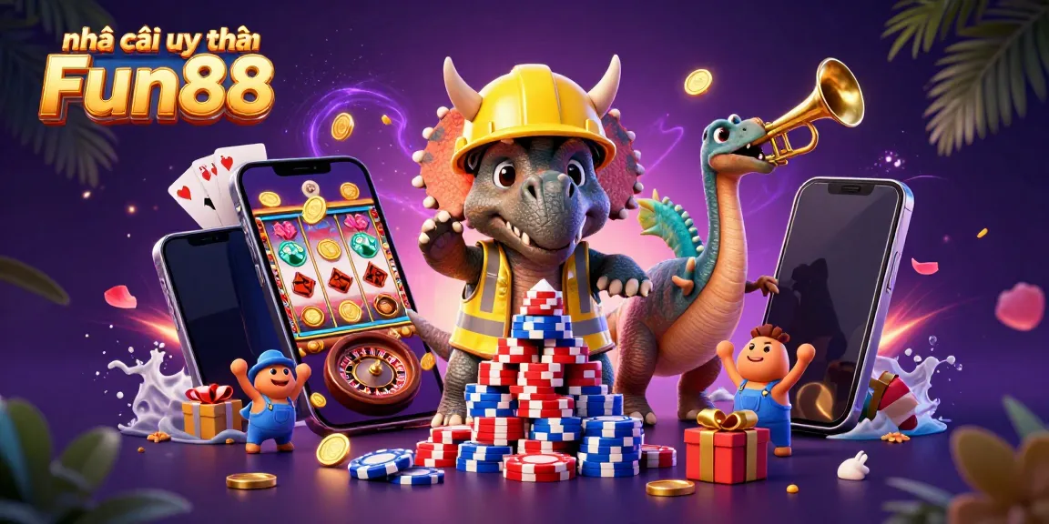 Experience excitement at Nhà cái uy tín Fun88 with vibrant casino elements and cheerful characters.
