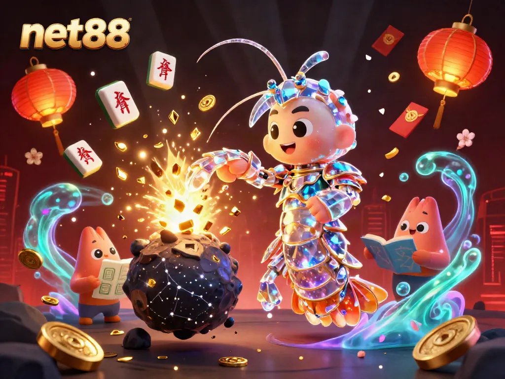 Experience thrilling net88 slots with an exploding asteroid showering golden gems and coins.