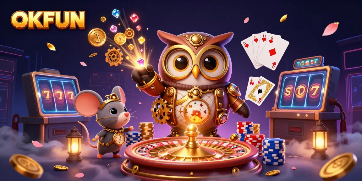 Engage with OKFUN featuring a cartoon owl and mouse in a vibrant casino scene with dynamic game elements.