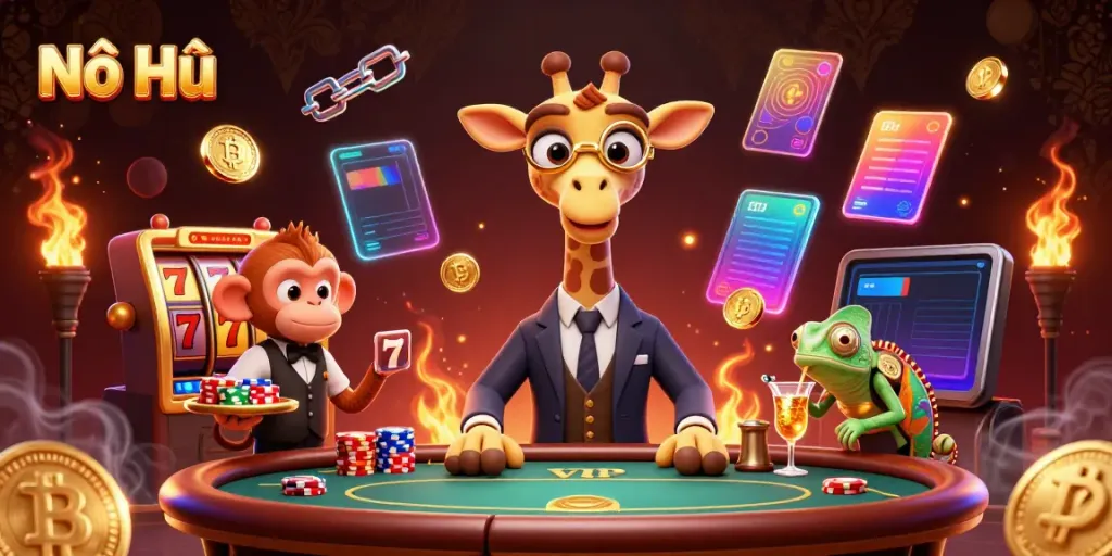 Spin and win big with Nổ Hũ at a vibrant casino, featuring a high-roller giraffe, monkey valet, and chameleon bartender.