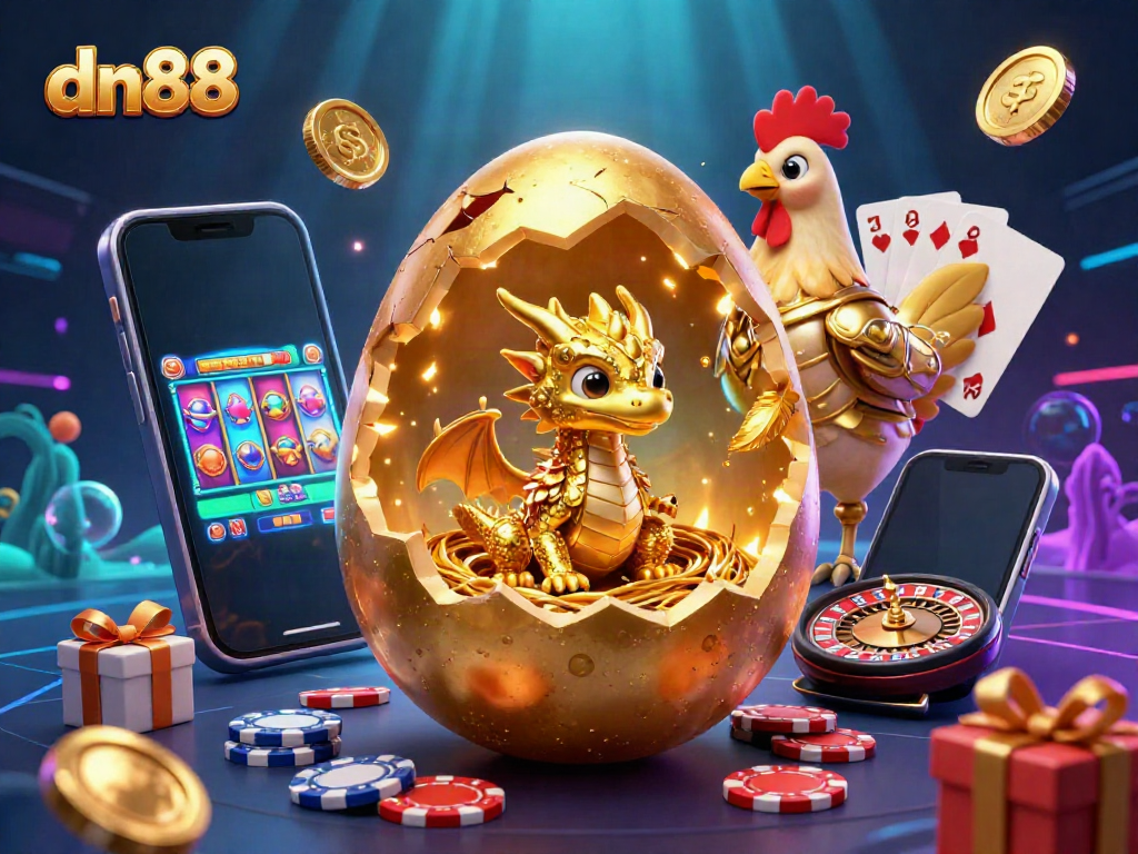 Experience the thrill of dn88 with a golden dragon amidst vibrant casino elements.