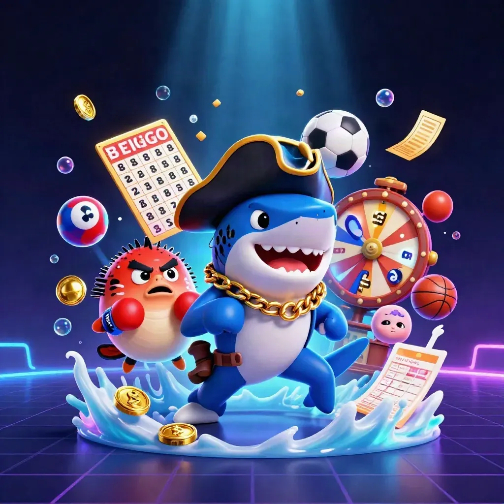Pirate shark, boxing pufferfish, and coin-juggling octopus amid neon treasure, bubbles, and casino effects.
