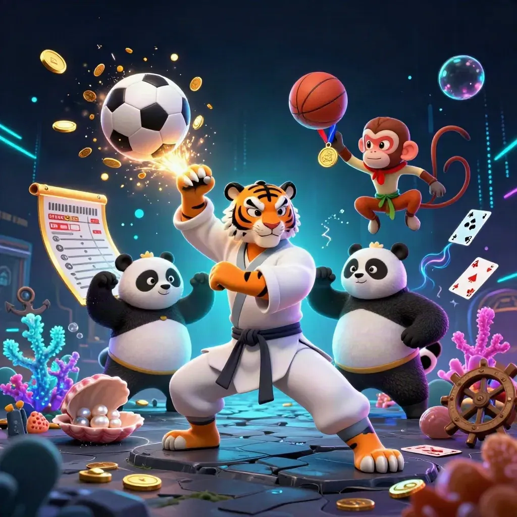Kung-fu tiger, panda, and monkey amid gold coins, balls, neon treasure cove chaos.