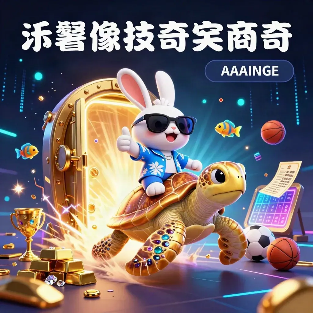 Cartoon rabbit rides a golden sea turtle amid treasure, cyan energy, and casino loot.