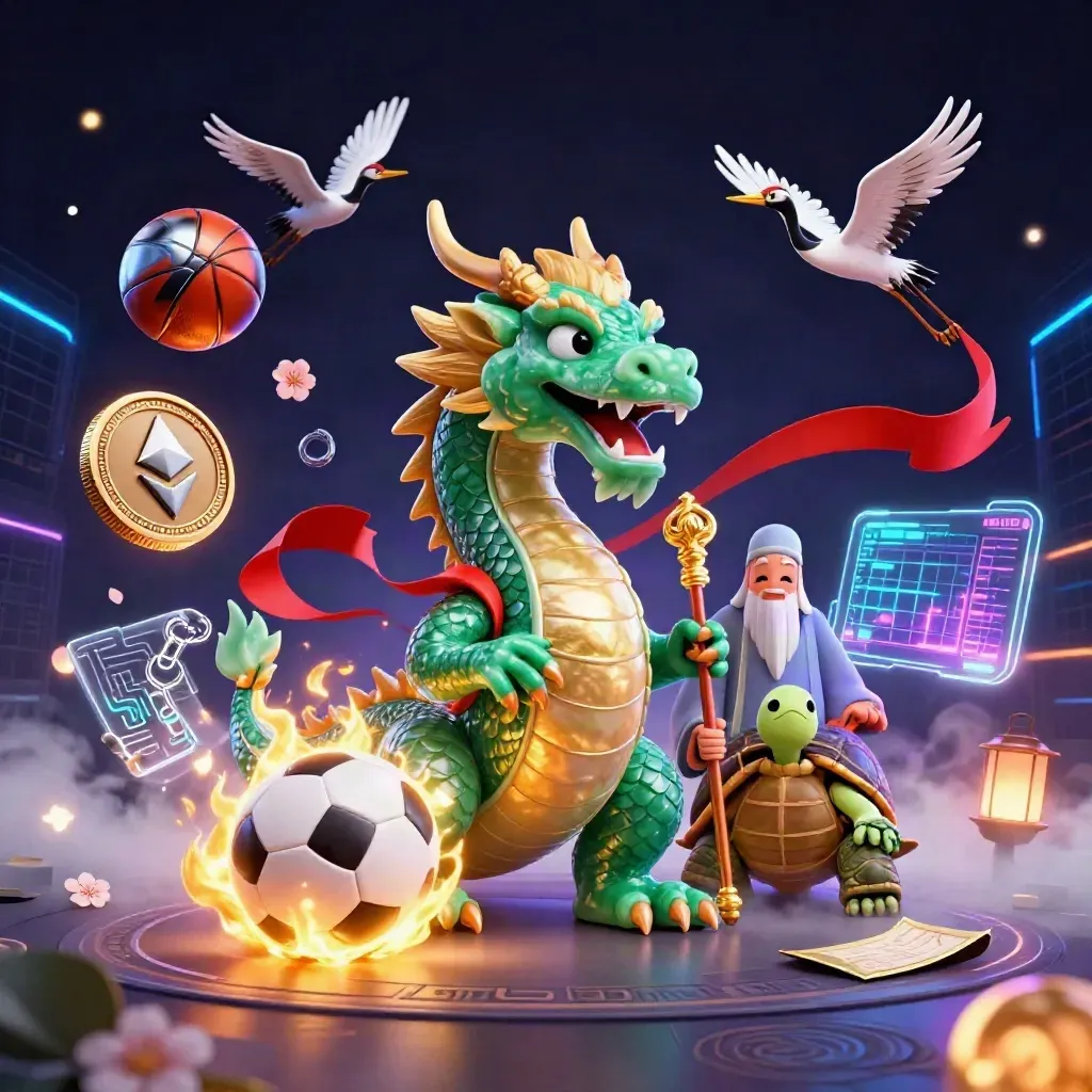 Jade dragon, turtle sage, and cranes amid neon coins, fire, and a glowing ball burst