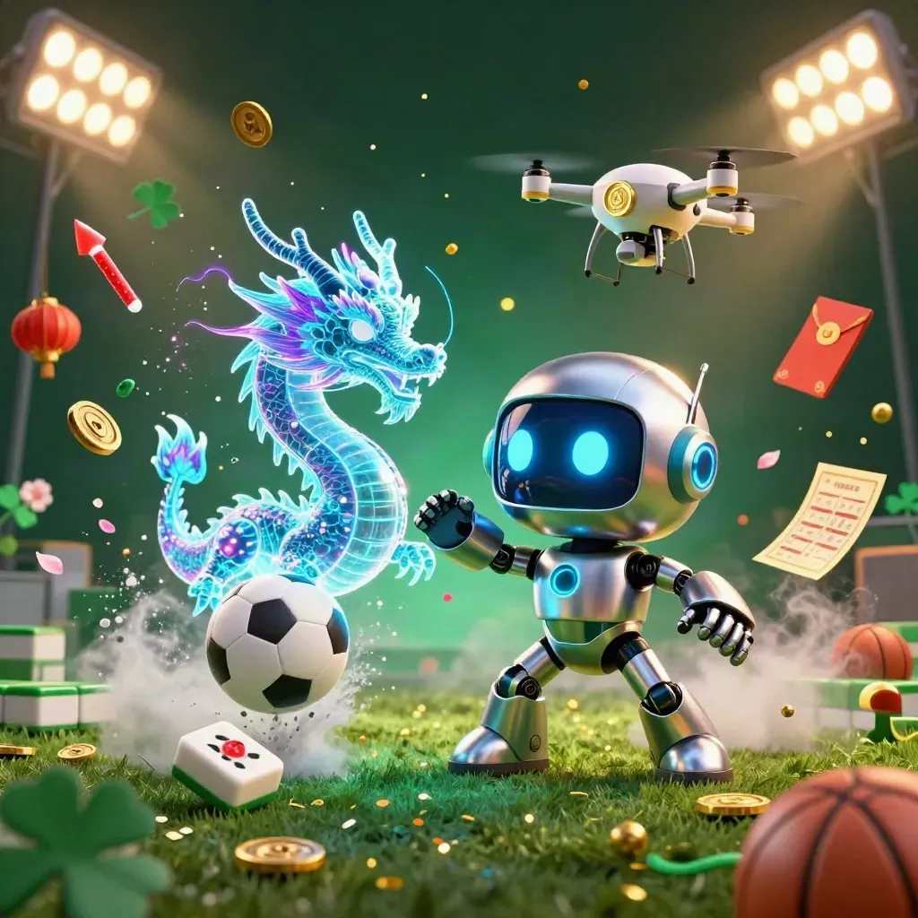 Ground-level cyberpunk robot, hologram dragon and drone around a frozen soccer ball with casino effects
