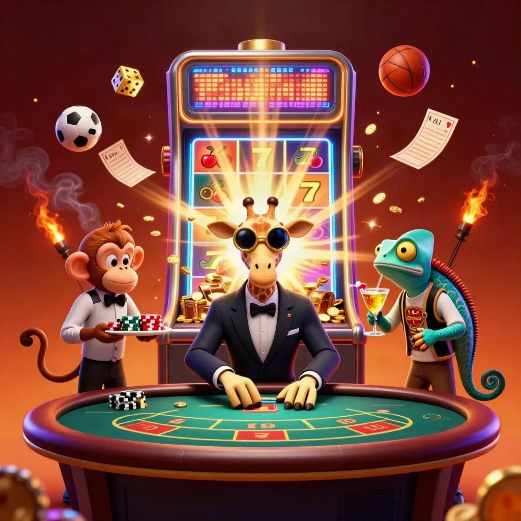 Giraffe, monkey and chameleon amid exploding slots, chips, balls and gold in neon casino light.