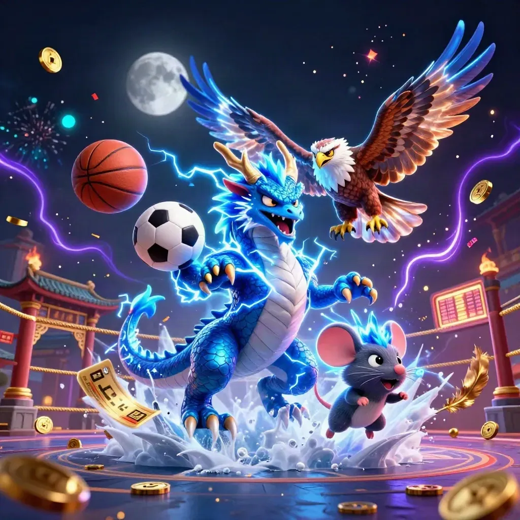 Thunder dragon, hawk and mouse burst through sparks with balls and casino props in neon light.