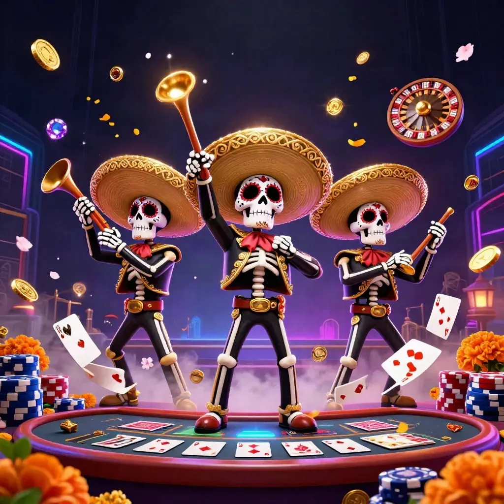 Skeleton mariachi trio amid casino lights, coins, gems, roulette spin, and neon fog.