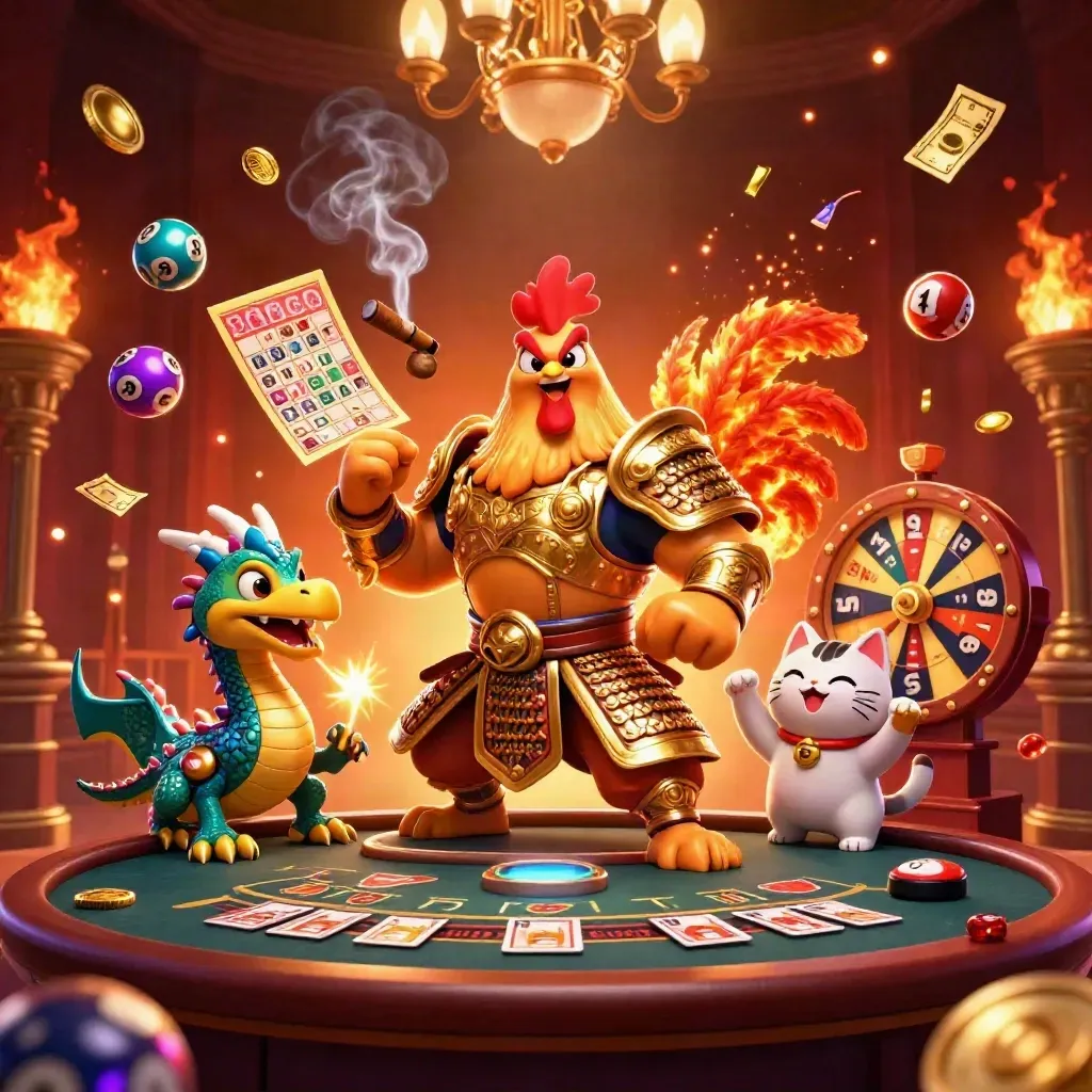 Rooster warrior, dragon hatchling and fortune cat amid casino lights and glowing game elements.