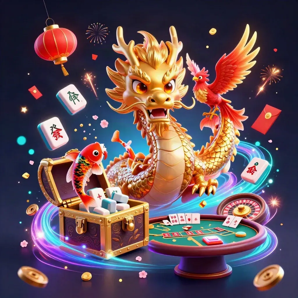 Golden dragon with phoenix and koi amid casino-lucky symbols, glowing neon fantasy scene