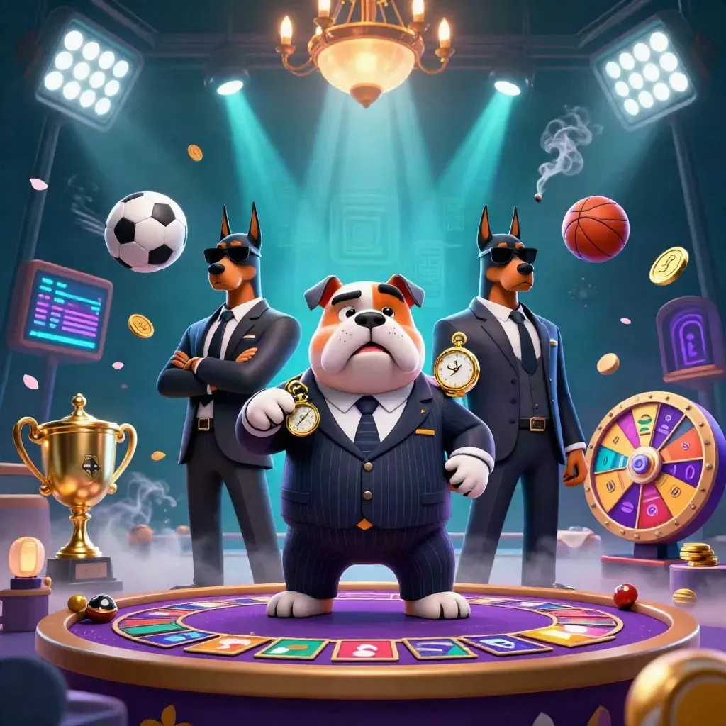 Bulldog mob boss and two dobermans in a luxe casino scene with sports balls, gold, smoke, and neon glow