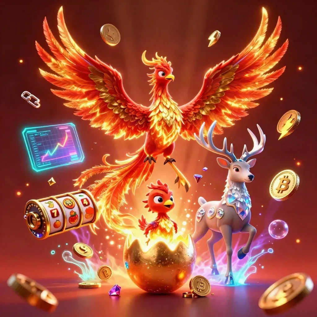 Fire phoenix, hatchling, and crystal-antler stag with casino coins and neon effects