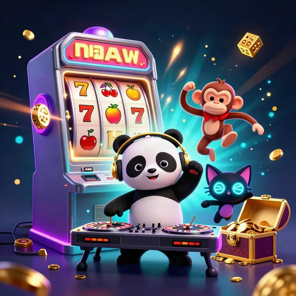 DJ panda, breakdancing monkey, and glow-stick kitten amid jackpot bursts and cyan casino lights