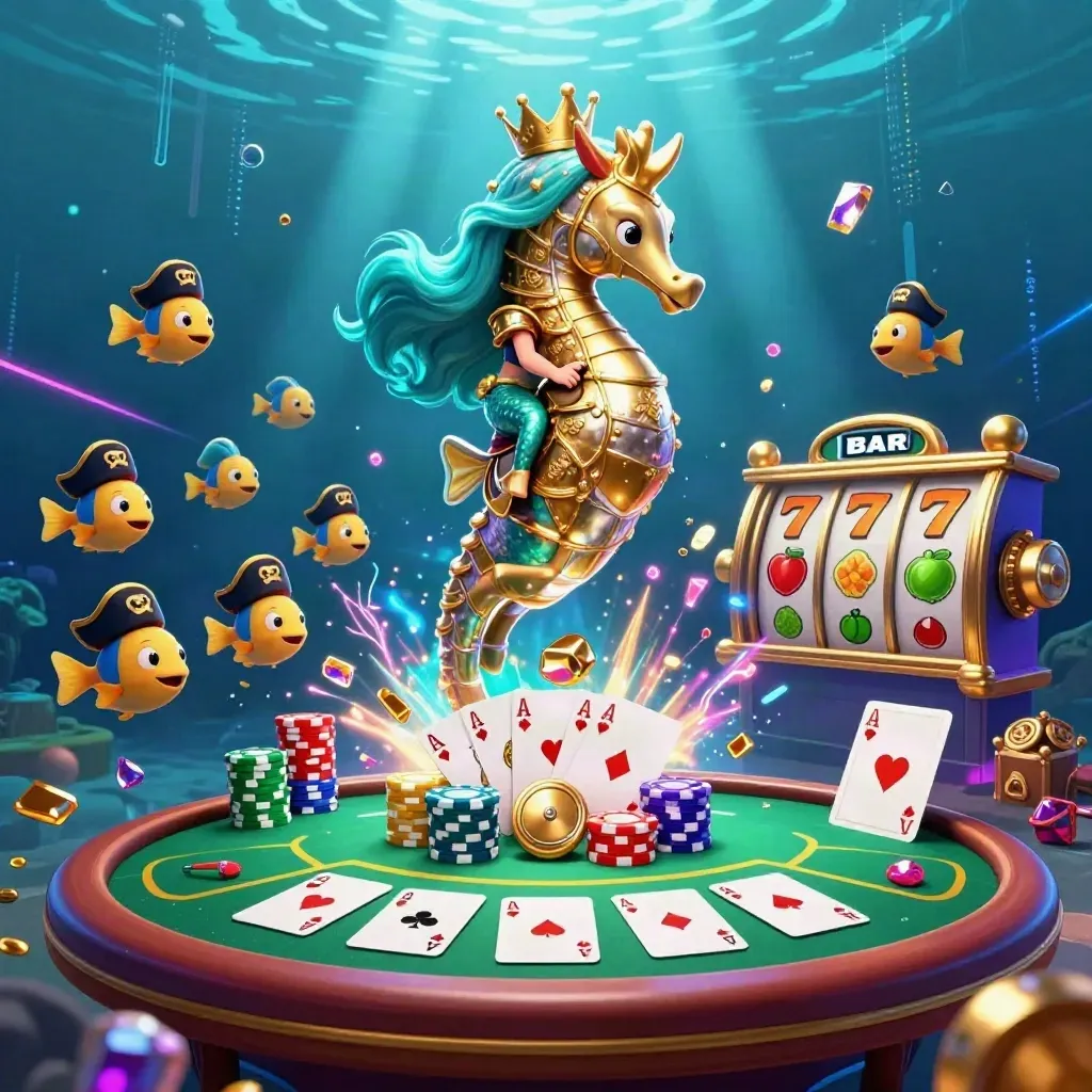 Mermaid princess rides an armored seahorse amid neon casino treasure, chips, and pirate fish.