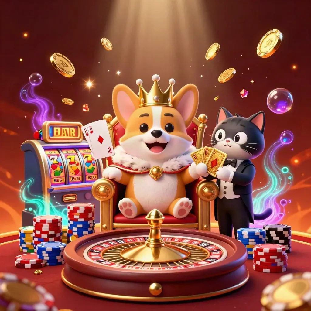 Royal corgi and cat butler amid coins, gems, cards, chips, roulette wheel, cyan glow