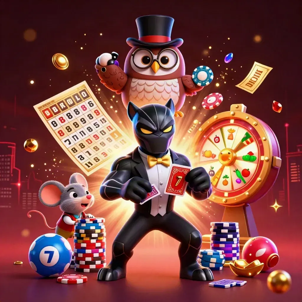 Black panther, owl and mouse amid casino bursts, reels, chips and neon treasure