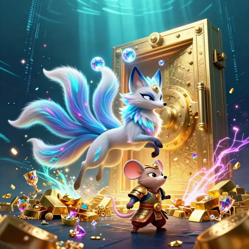 Nine-tailed neon fox spirit and gold-armored mouse burst from a vault amid gems and cyan magic.