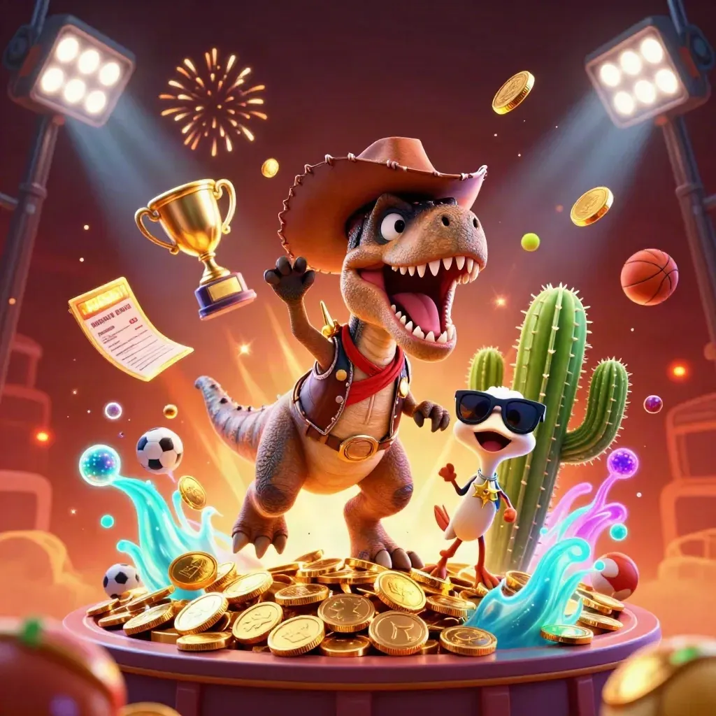 Cowboy T-Rex, cactus sidekick and roadrunner burst through coins, trophies and neon casino lights.