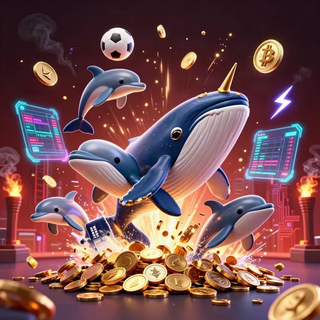 Whale captain, narwhal, dolphins erupt in coins and neon casino lights.