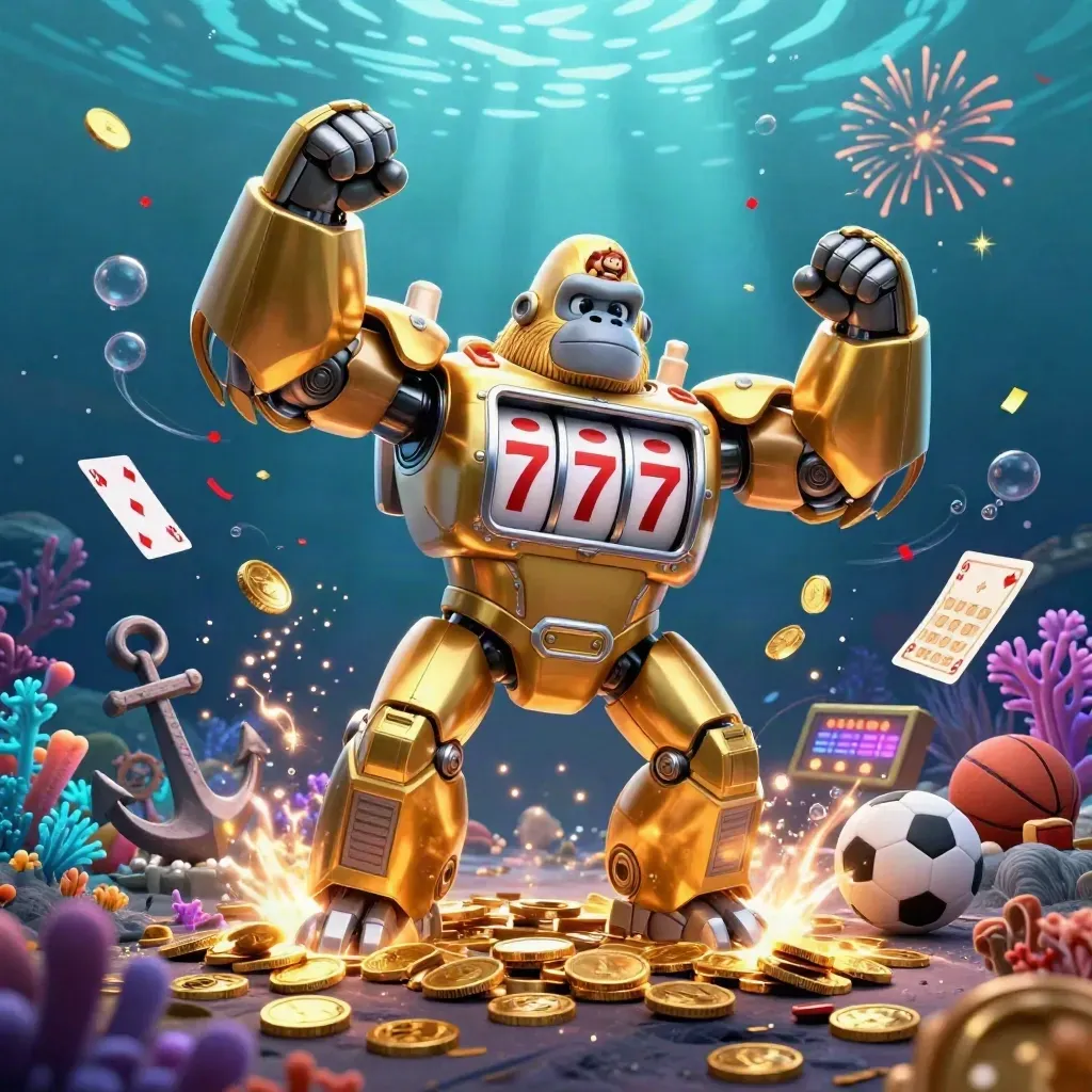 Golden gorilla mech with monkey pilot amid coins, coral, cards, fireworks, and teal underwater glow.