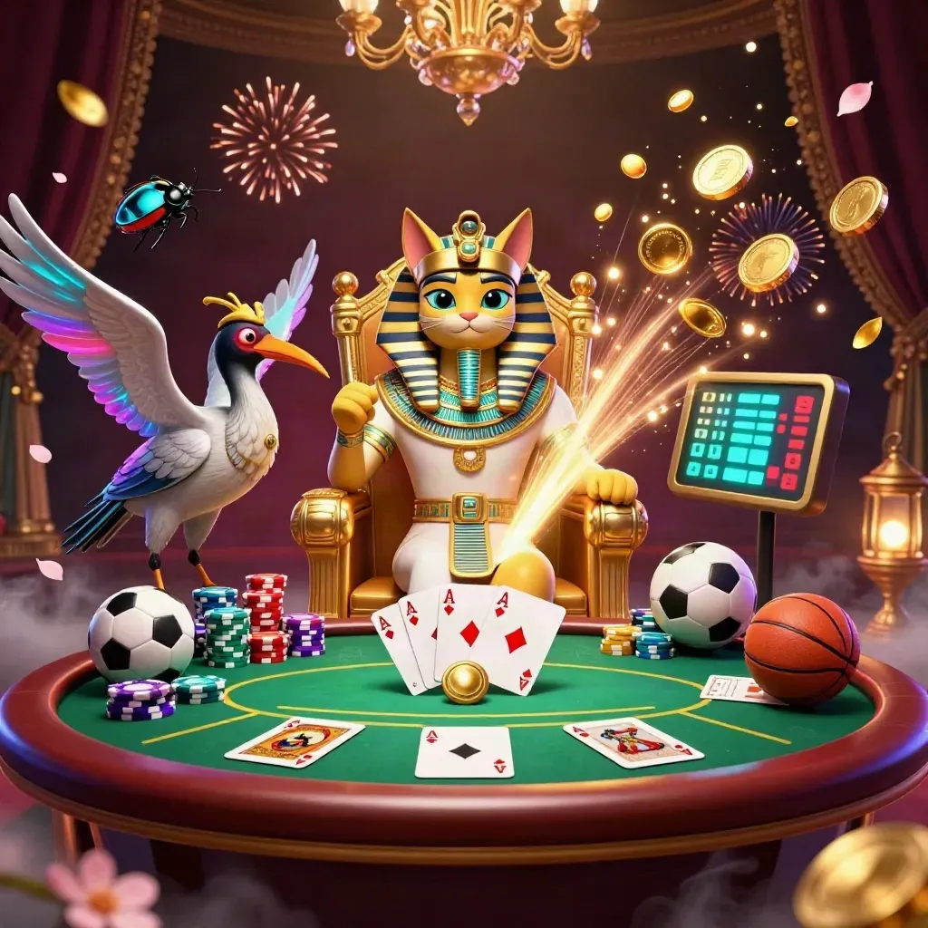Pharaoh cat, ibis scribe, scarab beetles amid casino loot, sports props, and fireworks.
