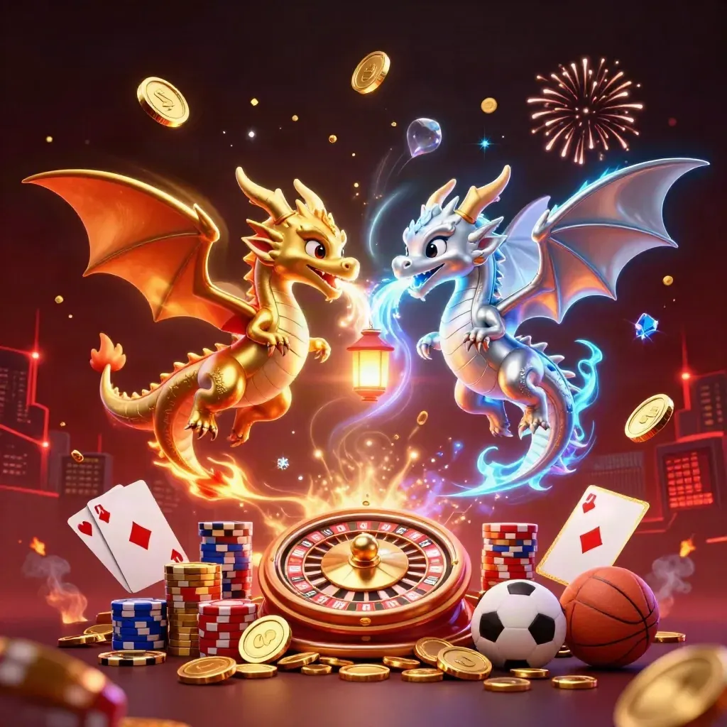 Gold and silver dragons swirl with coins, chips, cards, roulette, and neon fire over a dark city backdrop.