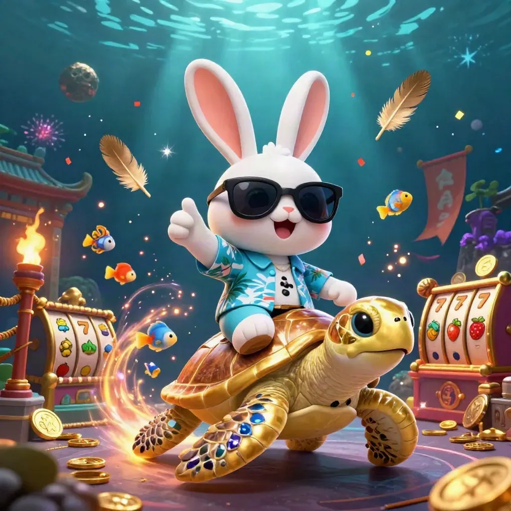Lucky rabbit riding a golden turtle underwater with casino and esports fantasy effects