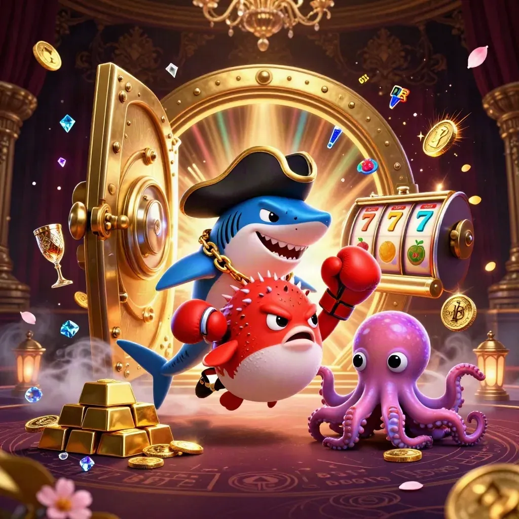 Pirate shark, boxing pufferfish, and coin-juggling octopus burst from a glowing treasure vault.