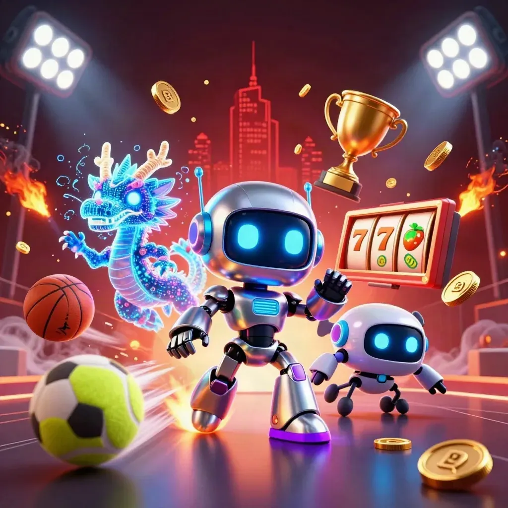 Cyberpunk robot, holographic dragon and coin drone amid balls, trophy, coins and neon casino effects.