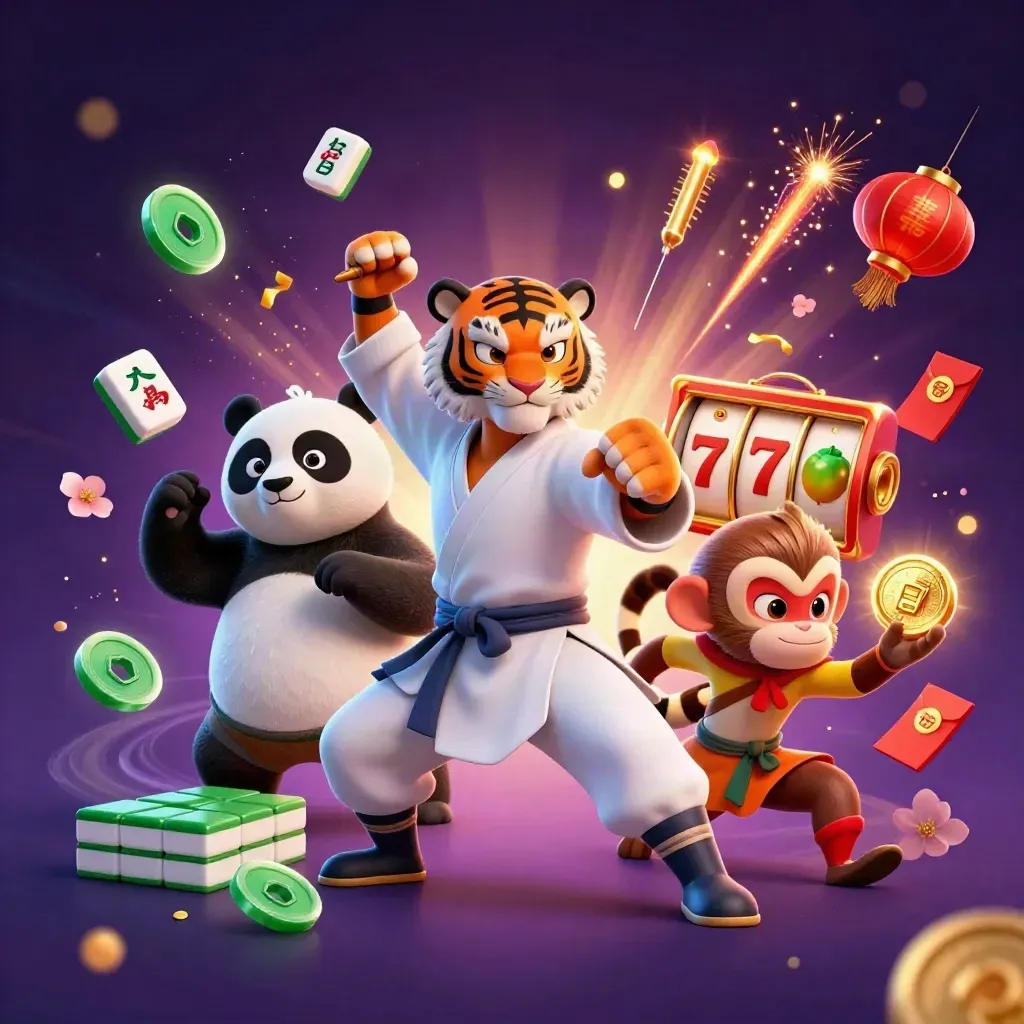 Kung-fu tiger, panda, and monkey amid casino coins, lanterns, and neon magic.