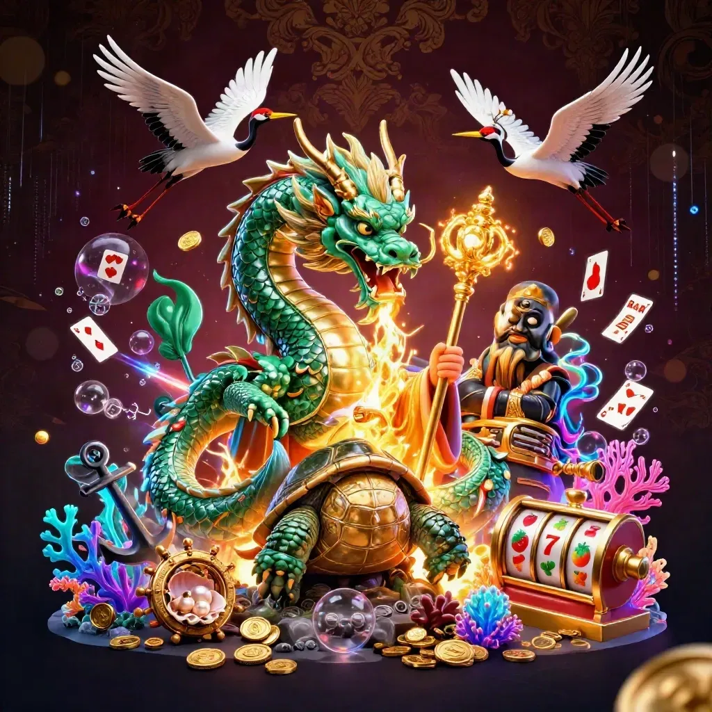 Emerald dragon, turtle sage, and cranes amid casino treasure, fire, and neon energy.