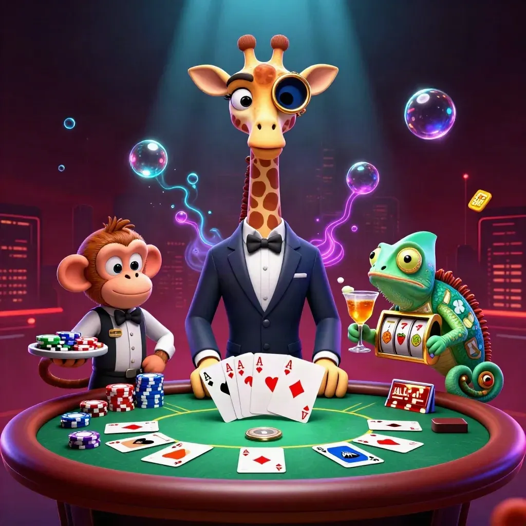 Suit-wearing giraffe, monkey valet and chameleon bartender at a neon poker table.