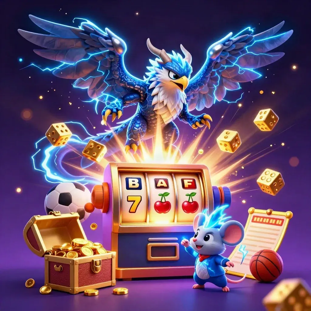 Thunder dragon, wind hawk, and static mouse amid jackpot slot, gold dice, and neon casino glow.