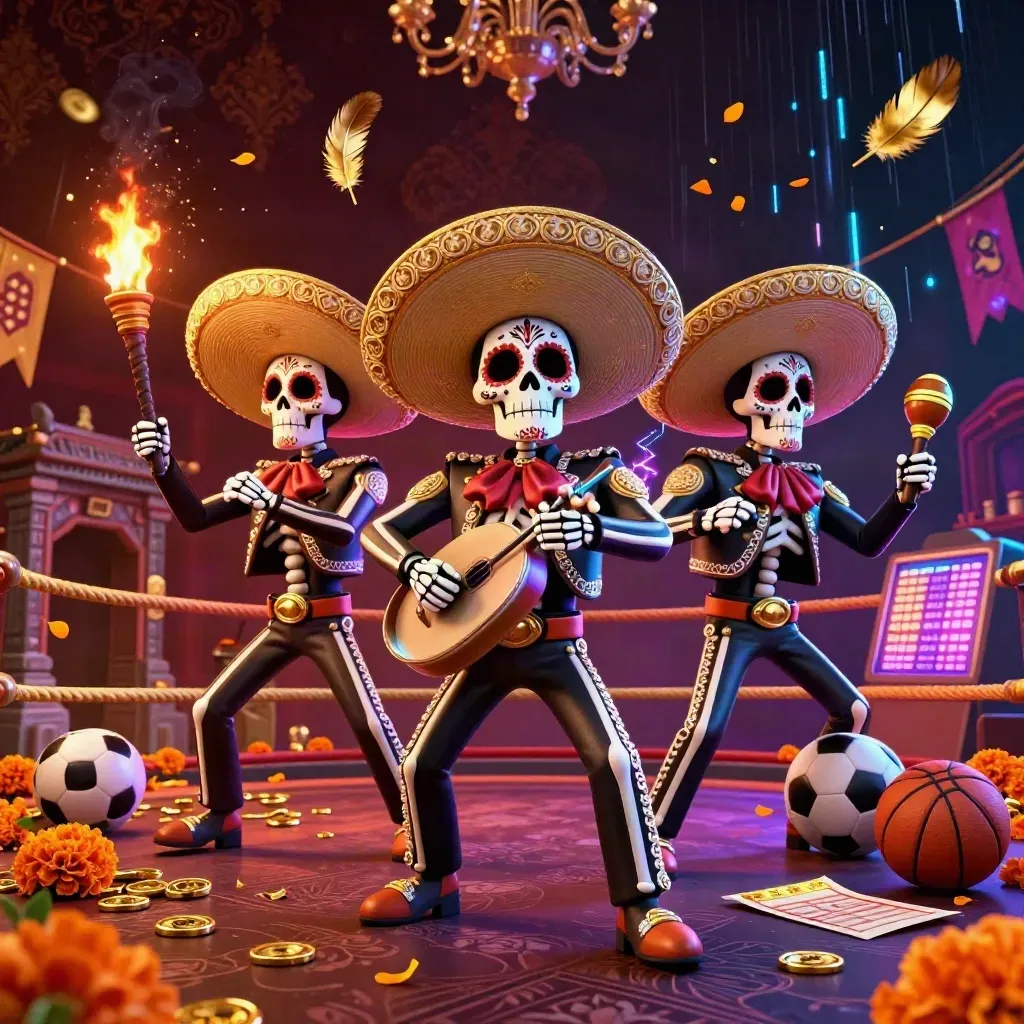 Skeleton mariachi trio amid casino gold, neon bolts, coins, sports gear, and dark damask glow.