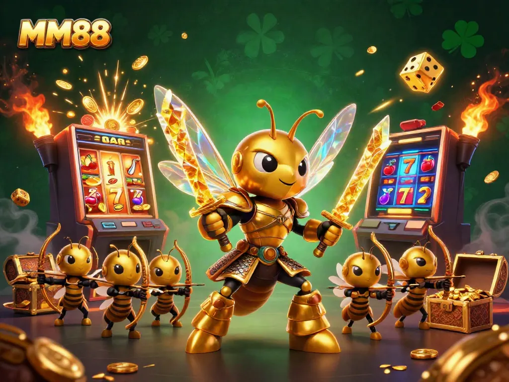 Experience the thrilling MM88 casino with a vibrant 3D illustration of slots, jackpots, and dynamic gameplay elements.