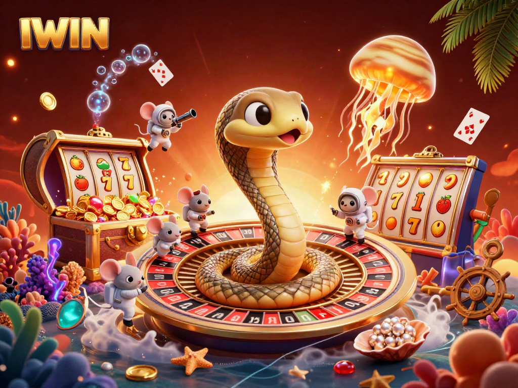 Engage with IWIN's casino slots featuring characters betting on a dynamic roulette wheel scene.