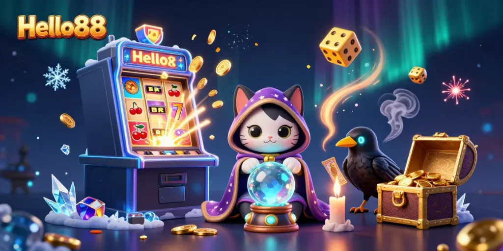 Experience thrilling jackpots at Hello88 with a mystical fortune teller cat and a tarot-card raven.