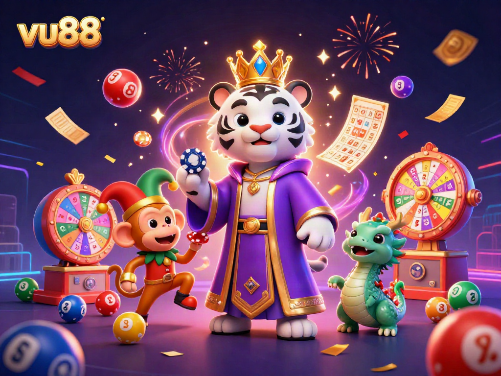 Engage with the vivid world of vu88 featuring a regal tiger, playful monkey, and dynamic lottery elements.