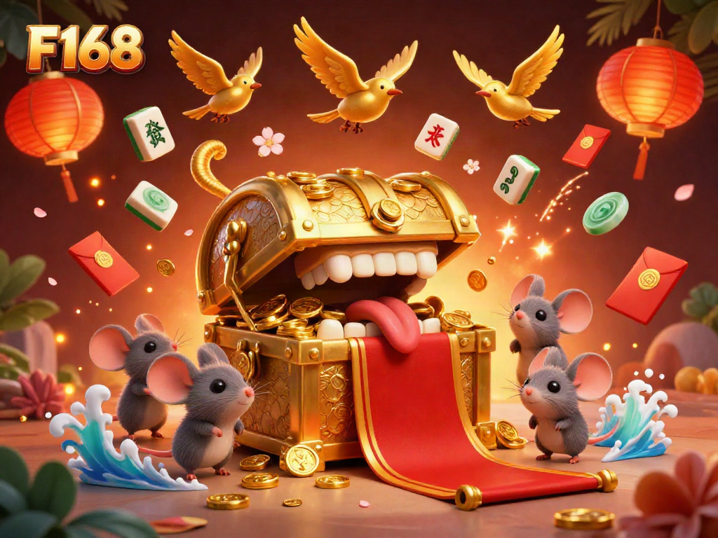 Engage in thrilling F168 gameplay with a treasure chest and magical game elements in a vibrant casino scene.