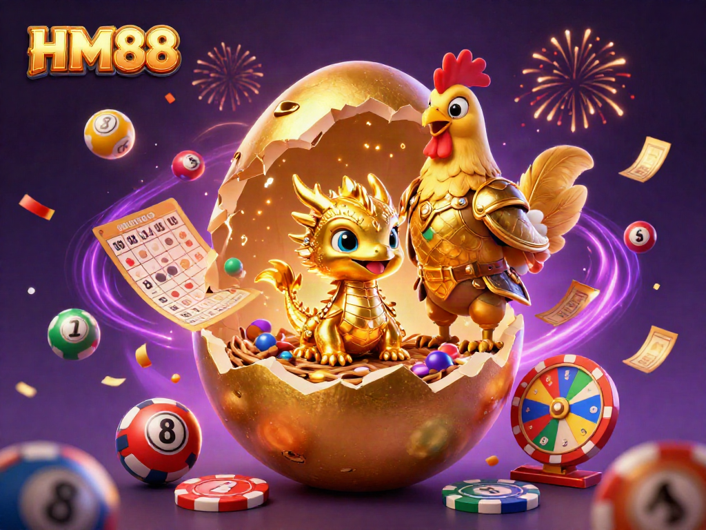 Engage in exciting gameplay at HM88 with vibrant casino-themed characters, golden dragon, and magical gaming elements.