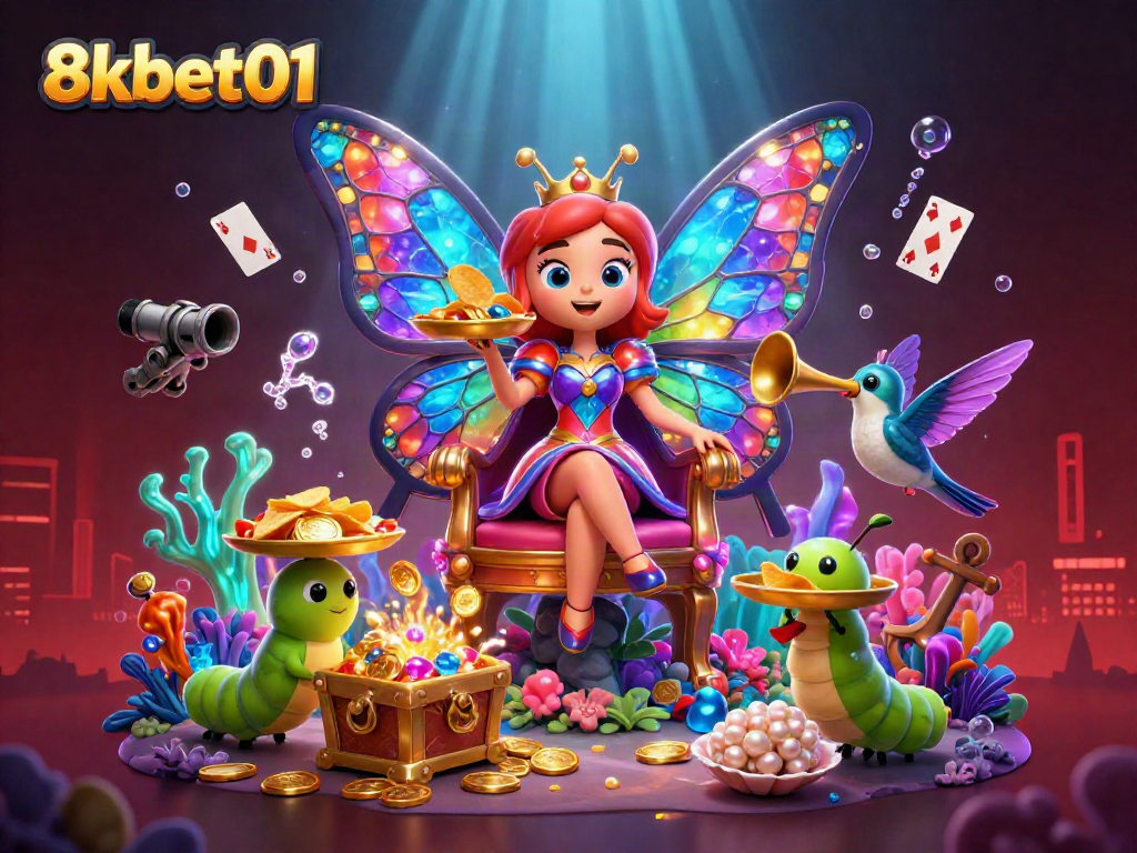 Engage in thrilling gameplay at 8kbet01, with a vibrant underwater casino featuring exotic characters and festive game elements.