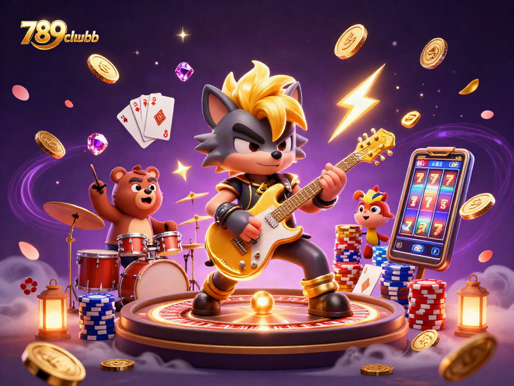 Engage with 789clubb's vibrant casino atmosphere featuring a dynamic rock star and lively gaming elements.