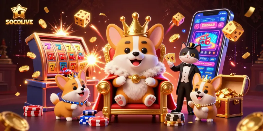 SOCOLIVE offers thrilling gaming action with a royal corgi king and golden riches in this vibrant casino scene.