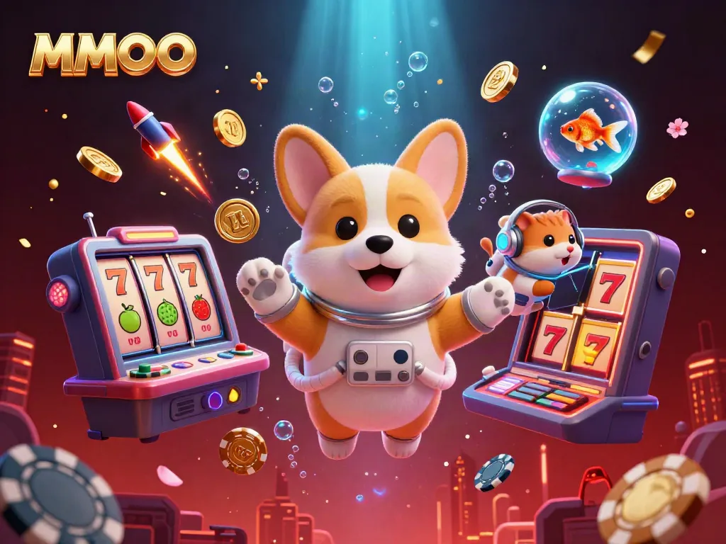 Experience winning strategies within the vibrant MMOO casino scene as a corgi astronaut plays among floating slot machines.