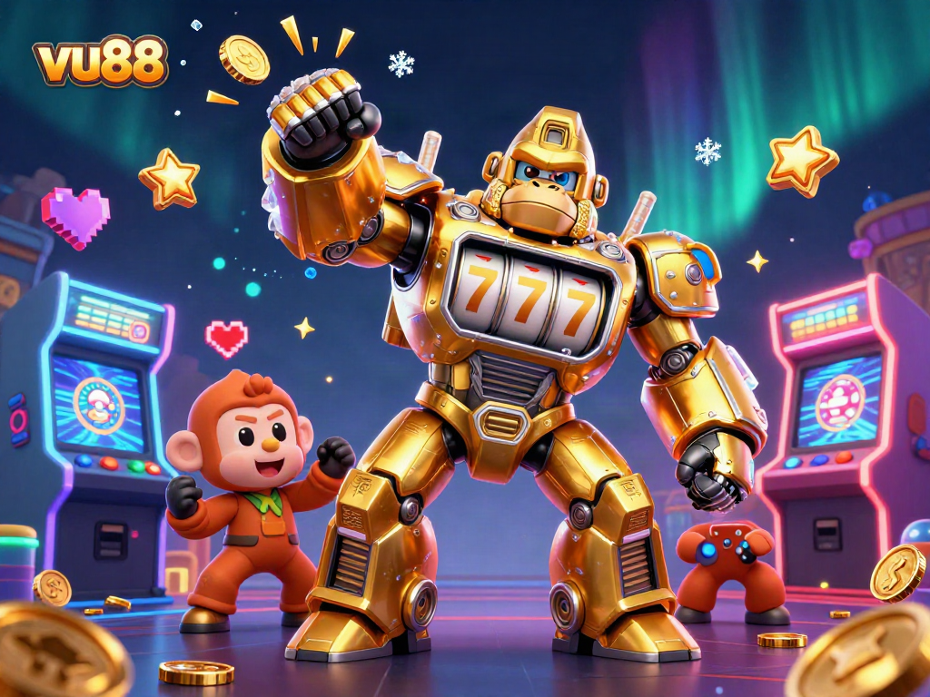 Watch vu88's thrilling game action with a vibrant golden gorilla mech surrounded by arcade elements.